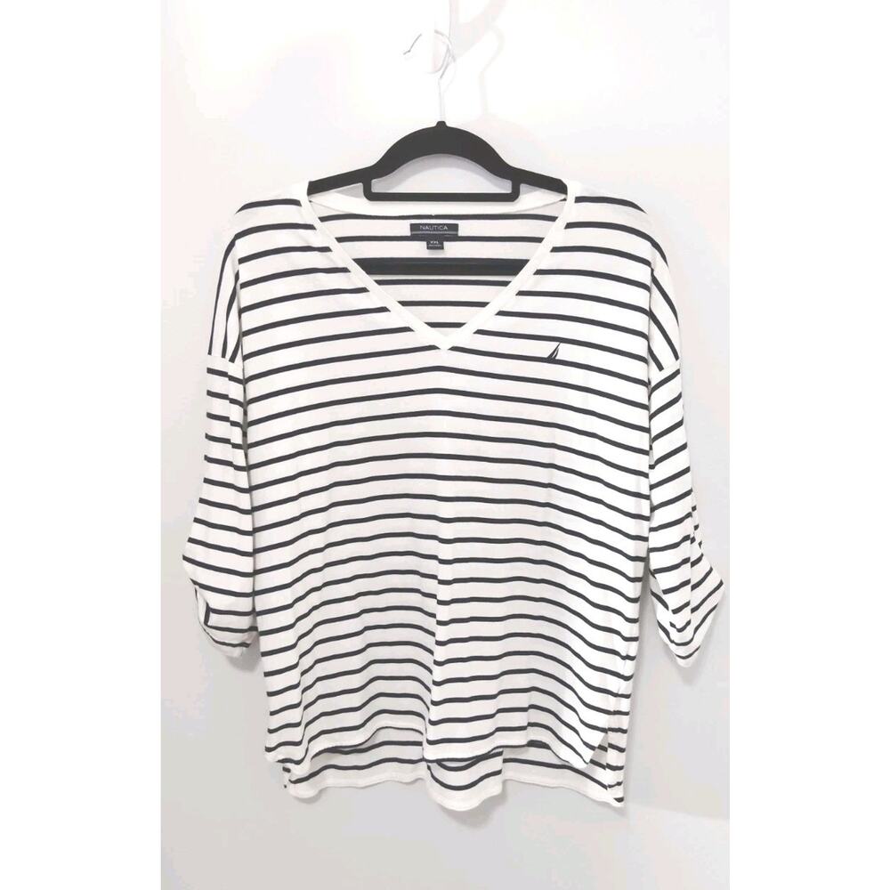 Nautica Ladies' V-Neck Roll Tab Tee Bright White Blue Striped Cotton XXL